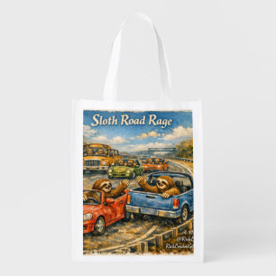 Sloth Road Rage – Rockwell‑Inspired Watercolor Car Grocery Bag