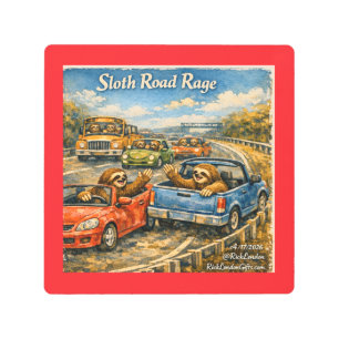 Sloth Road Rage – Rockwell‑Inspired Watercolor Car Metal Print