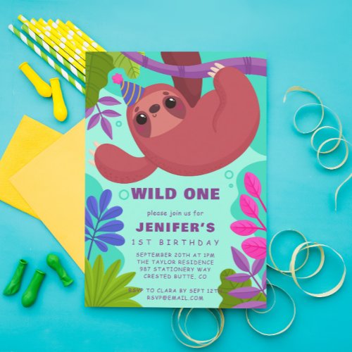 Sloth Safari Wild One Gender Neutral 1st Birthday Invitation