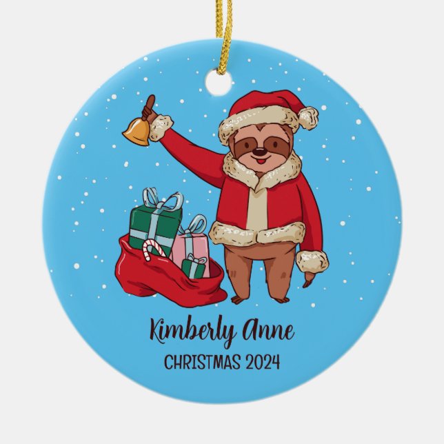  Sloth Santa Christmas Animal Snowy Winter Holiday Ceramic Ornament (Front)