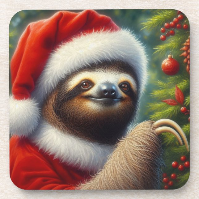Sloth Santa Claus Beverage Coaster (Front)