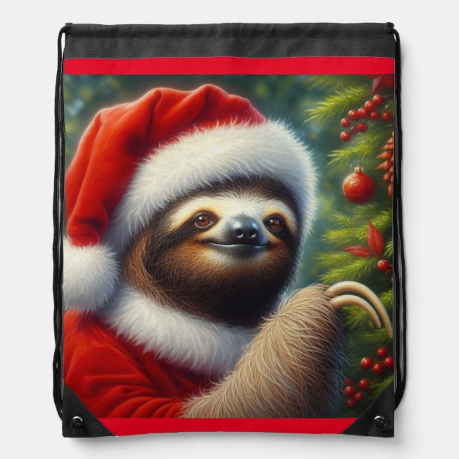 Sloth Santa Claus Drawstring Bag (Front)