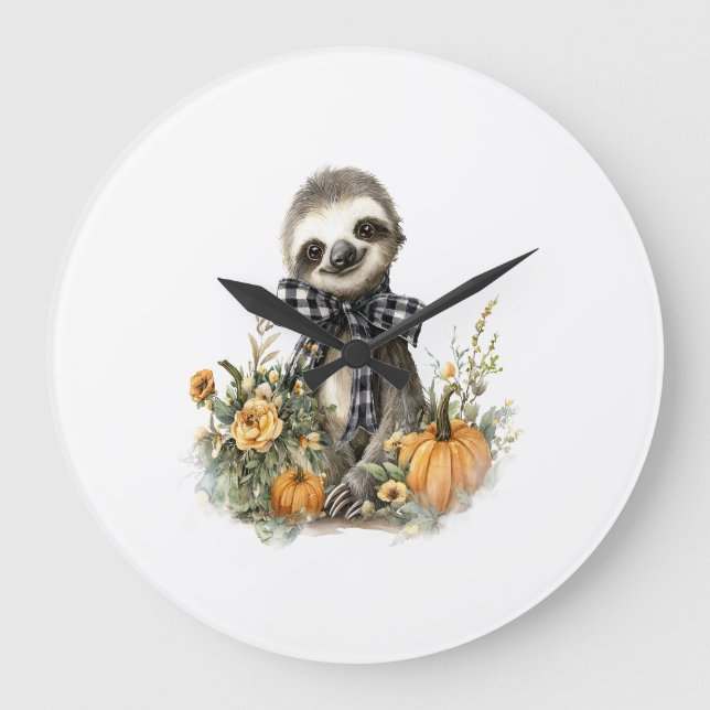 Sloth Shirt Animals Autumn Pumpkin Large Clock (Front)