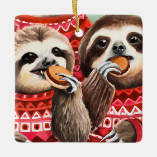 Sloth Siblings Eating Cookies in Christmas Sweater Ceramic Ornament