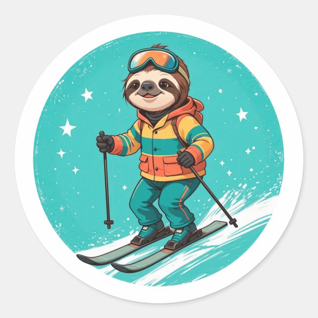 Sloth Skiing - Funny Winter Sloth Ski You Later Classic Round Sticker (Front)