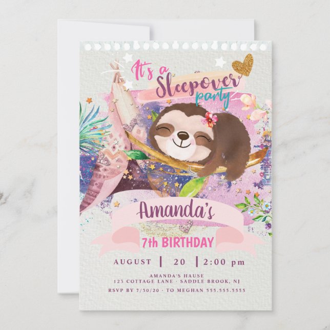Sloth Sleepover Invitation,Sloth Teepee Invitation (Front)