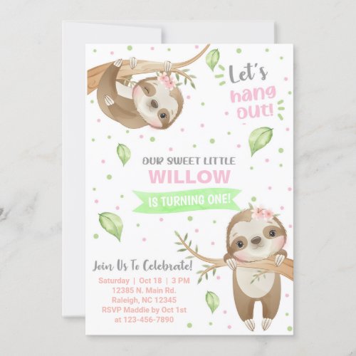 Sloth sloths girl birthday invitation any age invitation