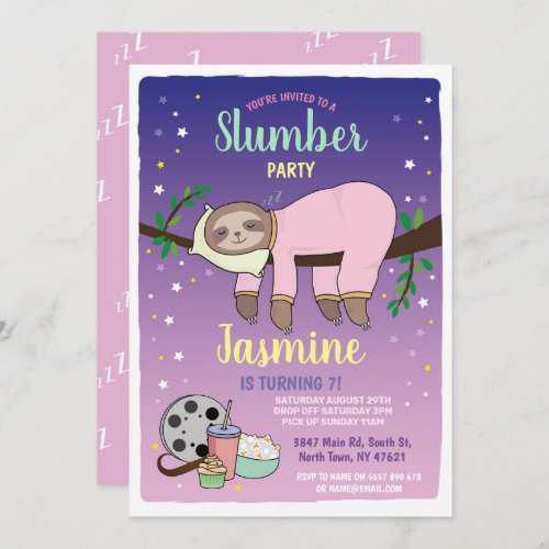 Sloth Slumber Party Birthday Pink Movies Popcorn Invitation