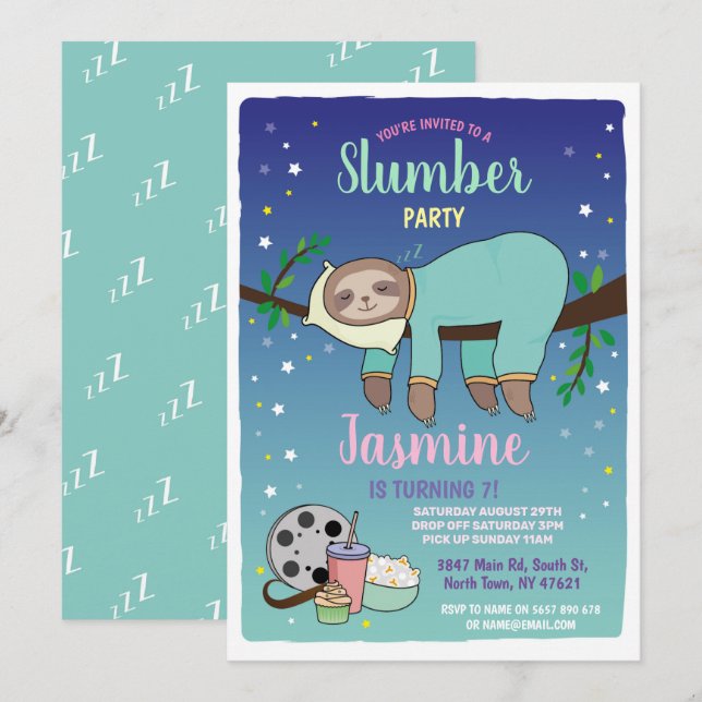 Sloth Slumber Party Birthday Teal Movies Popcorn Invitation (Front/Back)