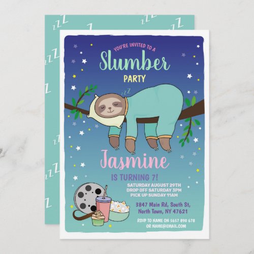 Sloth Slumber Party Birthday Teal Movies Popcorn Invitation