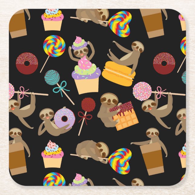 Sloth Sweet Treats Pattern Square Paper Coaster (Front)