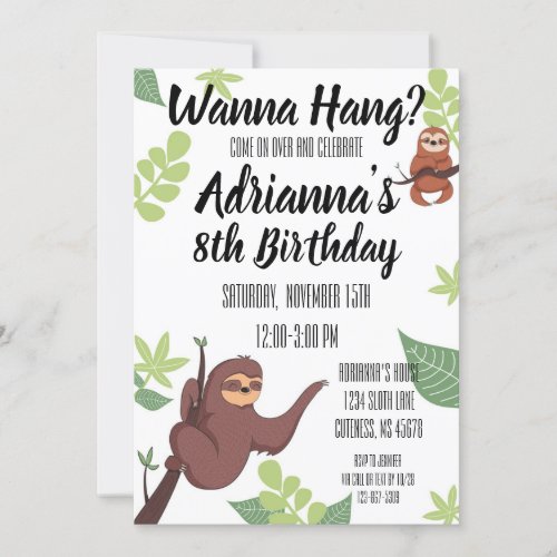 Sloth theme Kids Birthday Invitation