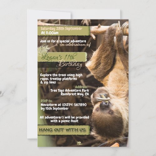 Sloth Tree Tops Adventure Invitations