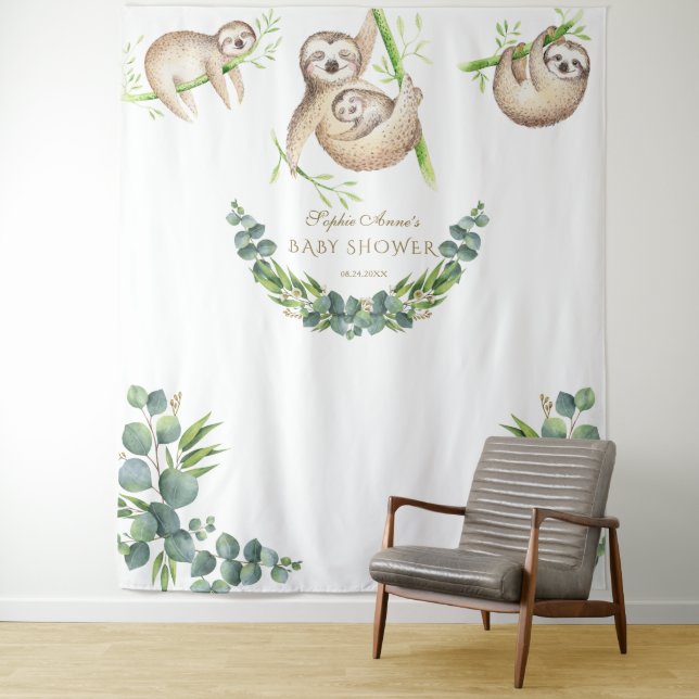 Sloth Tropical Floral Baby Shower Photo Booth Prop Tapestry (In Situ)