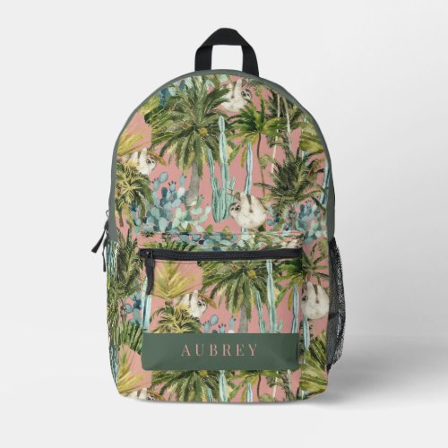 Sloth Tropical Rainforest Jungle Cactus Pink Printed Backpack
