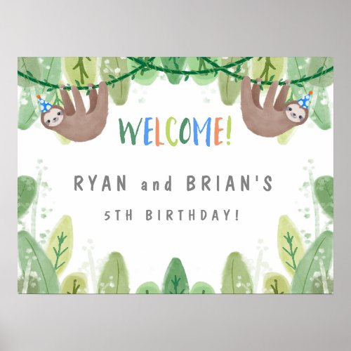 Sloth Twin Birthday Party in Blue Welcome Sign