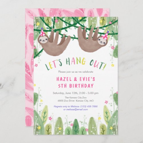 Sloth TWIN GIRL Birthday Party in Pink and White   Invitation