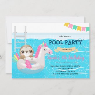 Sloth unicorn pool birthday party invitation