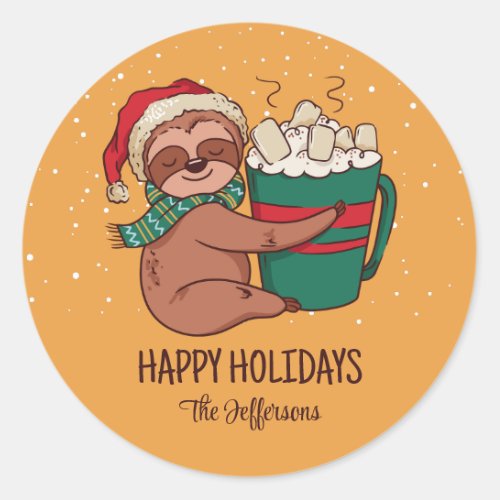 Sloth Warm Cozy Christmas Snowy Winter Holiday Classic Round Sticker
