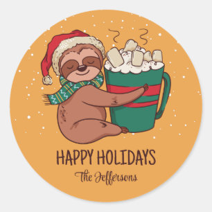 Sloth Warm Cozy Christmas Snowy Winter Holiday Classic Round Sticker