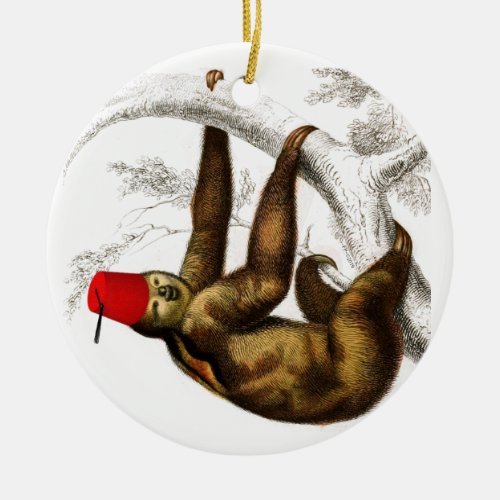Sloth Wearing Fez Absurd Vintage Funny Ceramic Ornament