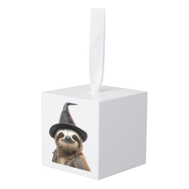 Sloth Wearing Halloween Witch Hat Classic T-Shirt Cube Ornament (Front Angled)