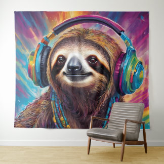 Sloth Wearing Headphones Tapestry