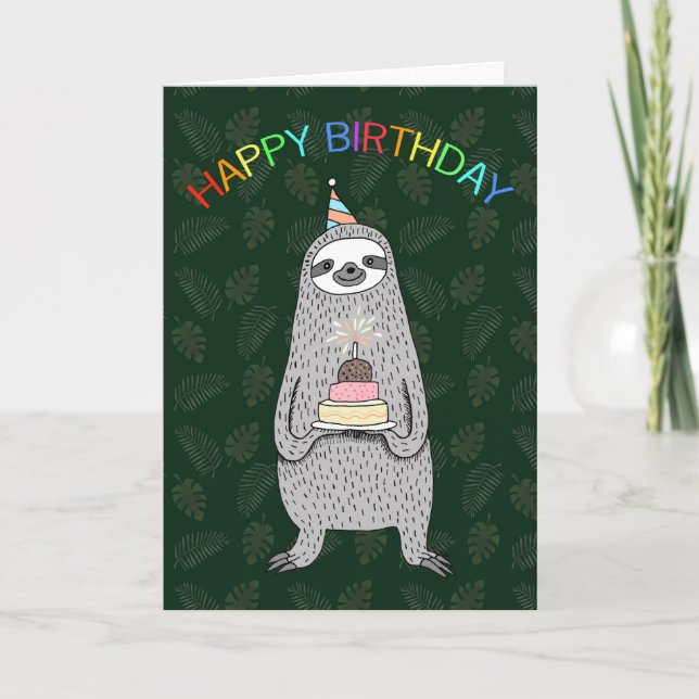 Sloth with a birthday cake & hat Jungle birthday  Card (Front)