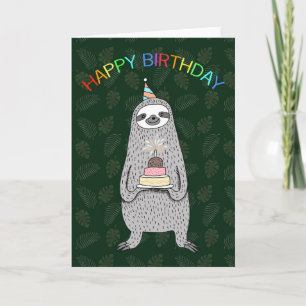 Sloth with a birthday cake & hat Jungle birthday Card