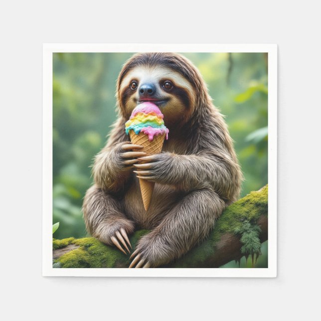Sloth With a Rainbow Ice Cream Cone Napkins (Front)