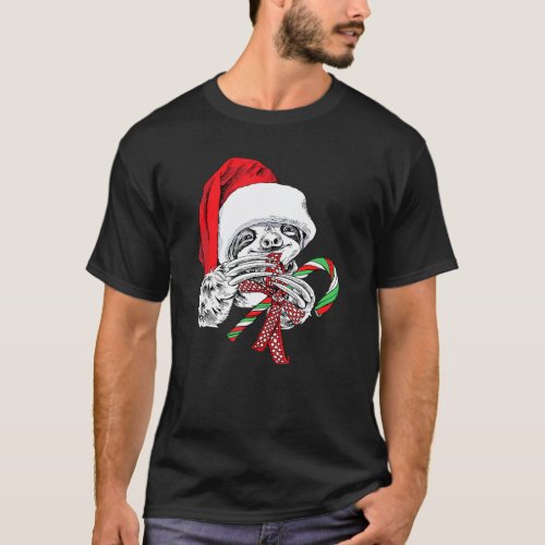 Sloth With Candy Cane In Santa Hat Cute Christmas T-Shirt