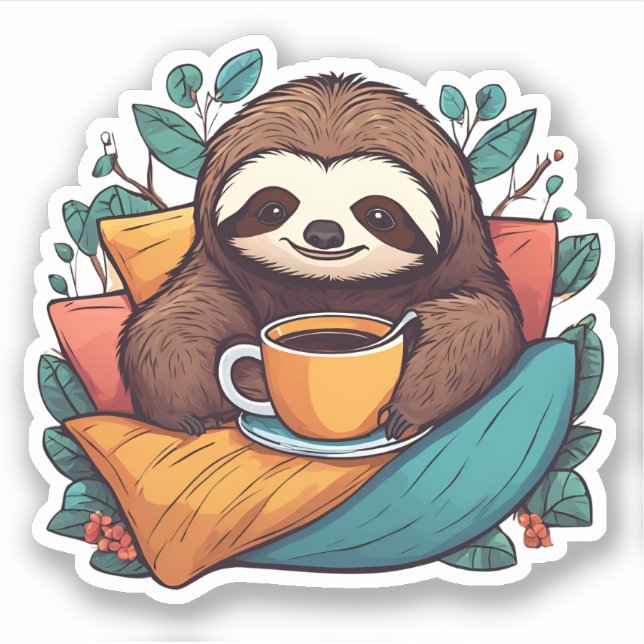 Sloth with Coffee Waterproof  Sticker (Front)