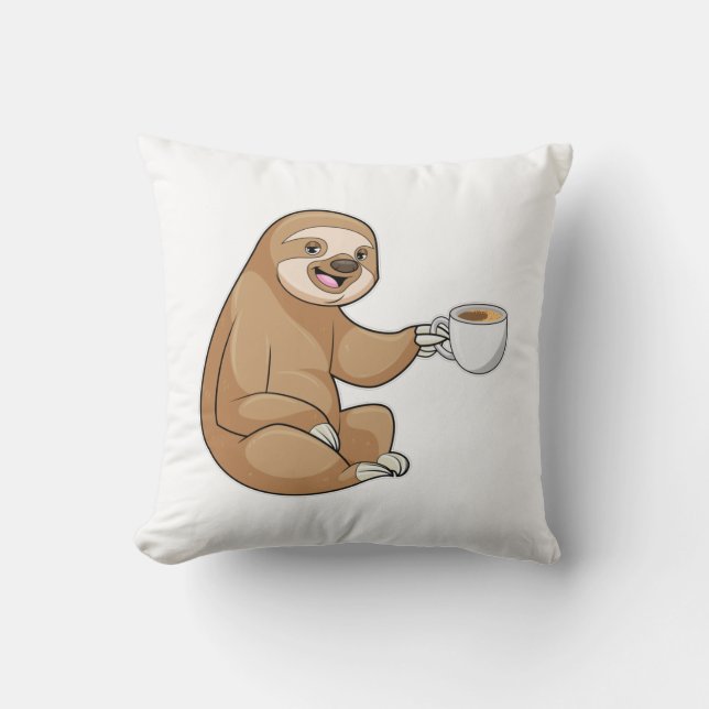 Sloth with Cup of Coffee Throw Pillow (Front)
