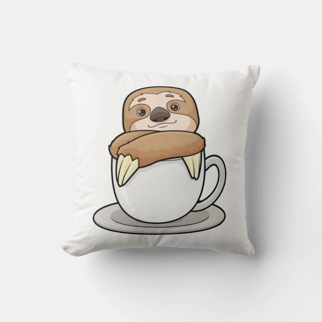 Sloth with Cup of Coffee Throw Pillow (Front)