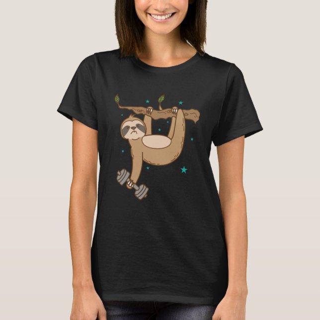 Sloth with Dumbbell doing Fitness lazy T-Shirt (Front)