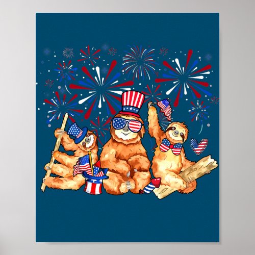 Sloth With Fireworks Sunglasses Hat Merica Funny Poster