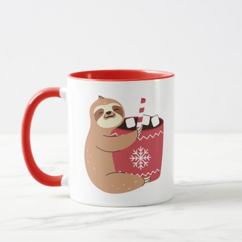 Sloth with hot cocoa mug for Christmas