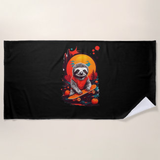 Sloth with skateboard on halloween night Classic T Beach Towel