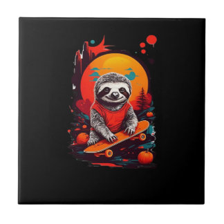Sloth with skateboard on halloween night Classic T Ceramic Tile