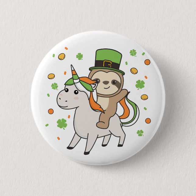 Sloth With Unicorn St. Patrick's Day Ireland Butto Button (Front)