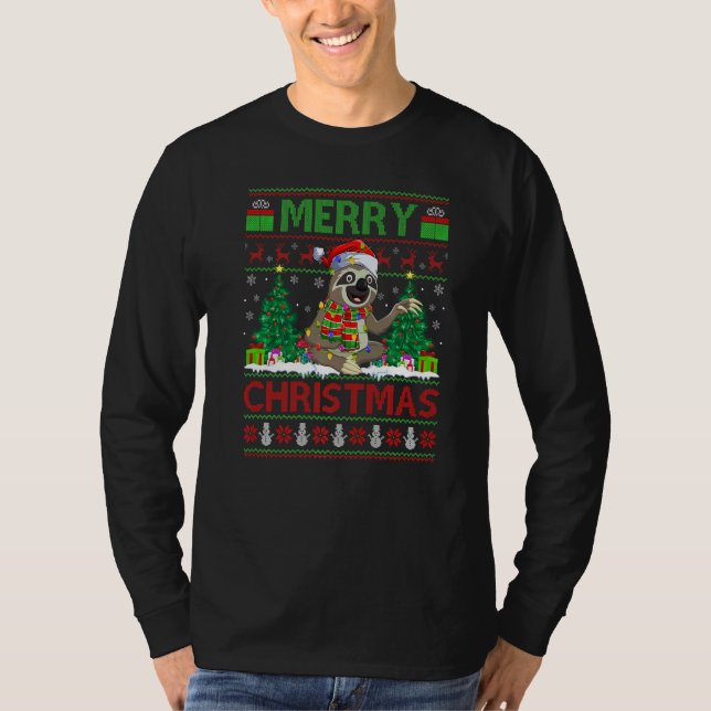 Sloth  Xmas Tree Lights Ugly Santa Sloth Christmas T-Shirt (Front)