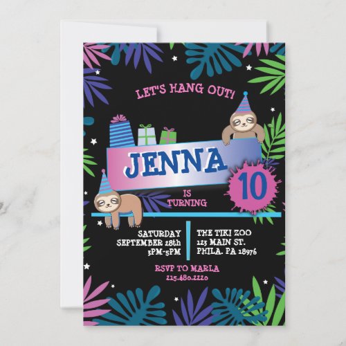 SLOTH ZOO JUNGLE Birthday Party Invitation