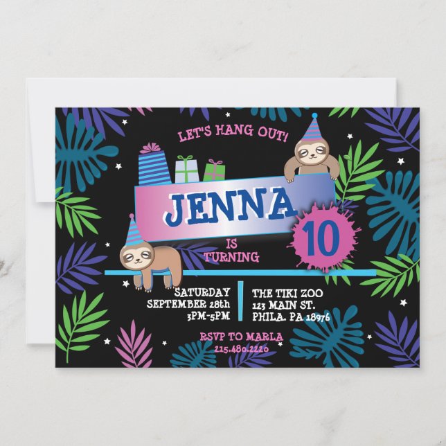 SLOTH ZOO JUNGLE Birthday Party Invitation (Front)