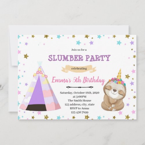 Slothicorn sleepover  birthday invitation