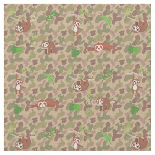 Sloths and Green Leaves on Army Camouflage Fabric