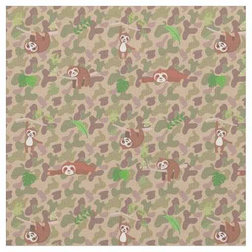 Sloths and Green Leaves on Army Camouflage Fabric