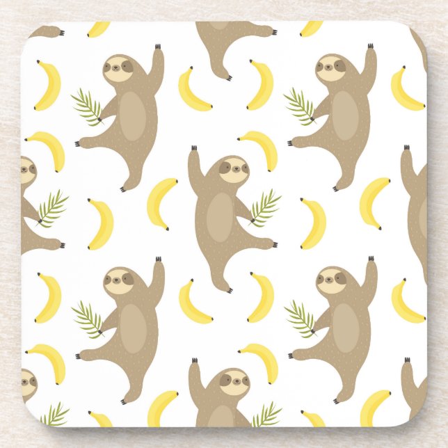 Sloths & Bananas Pattern Beverage Coaster (Front)