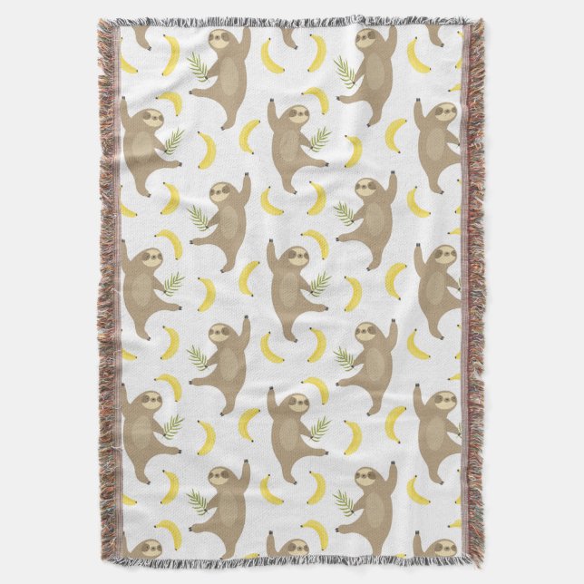 Sloths & Bananas Pattern Throw Blanket (Front Vertical)