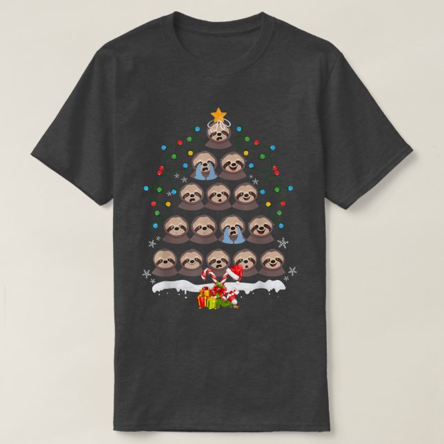 Sloths Christmas Tree Lights Cute Santa Hat Lover  T-Shirt (Design Front)
