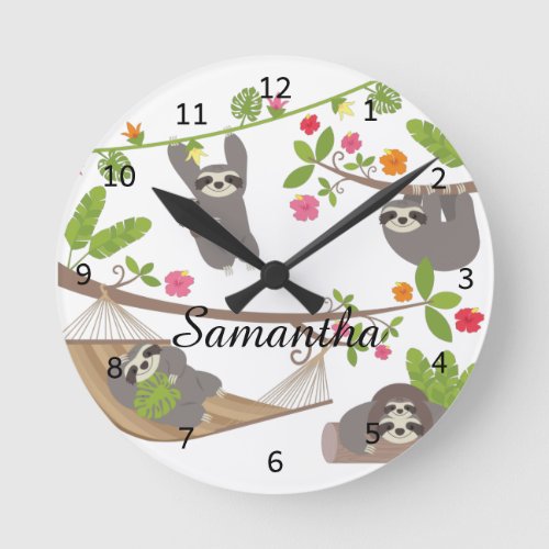 Sloths Custom Personalised Name Round Clock